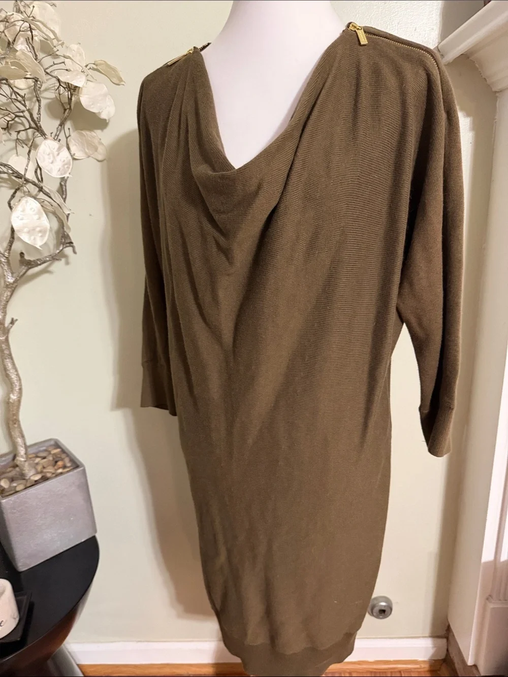 Michael Kors Olive Brown Sweater Dress Long Sleeve Drape Neck